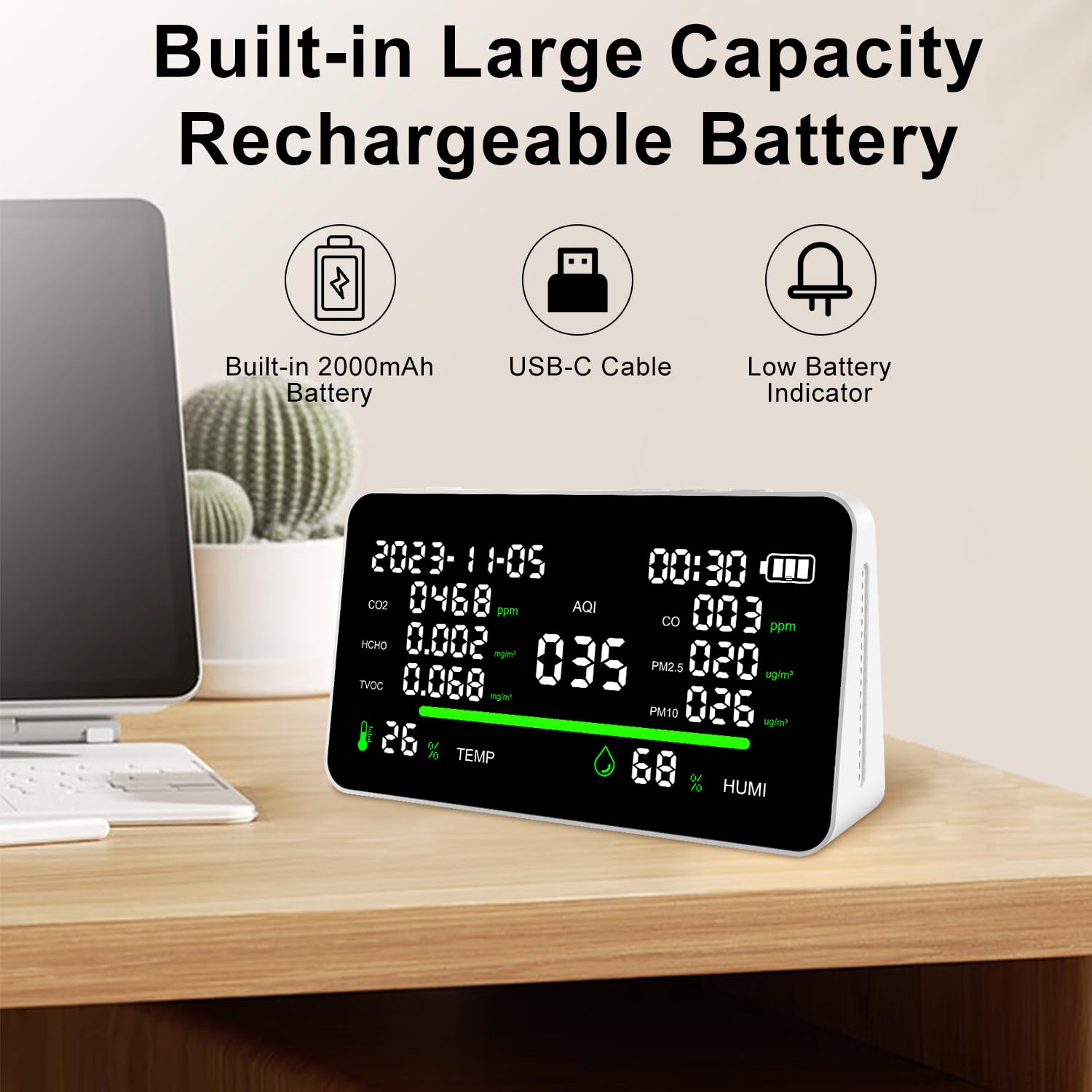 Amazon.co.jp: 11-in-1空気質モニター、屋内CO2/VOC/AQI/PM2.5/温度計